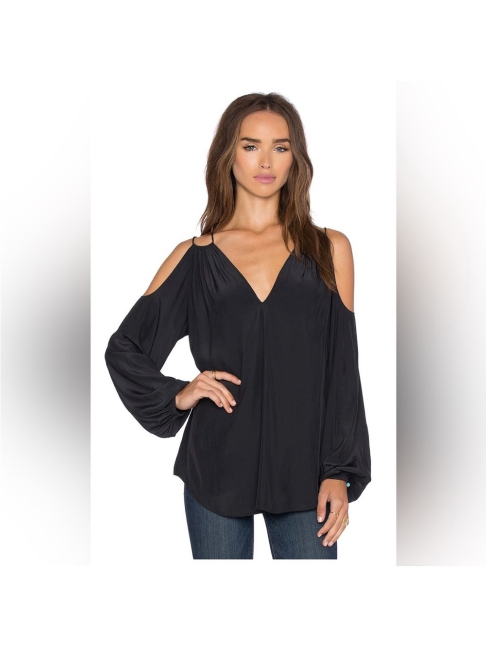 Ramy Brook Black Cold-Shoulder Long Sleeve V-Neck Blouse - Size L
